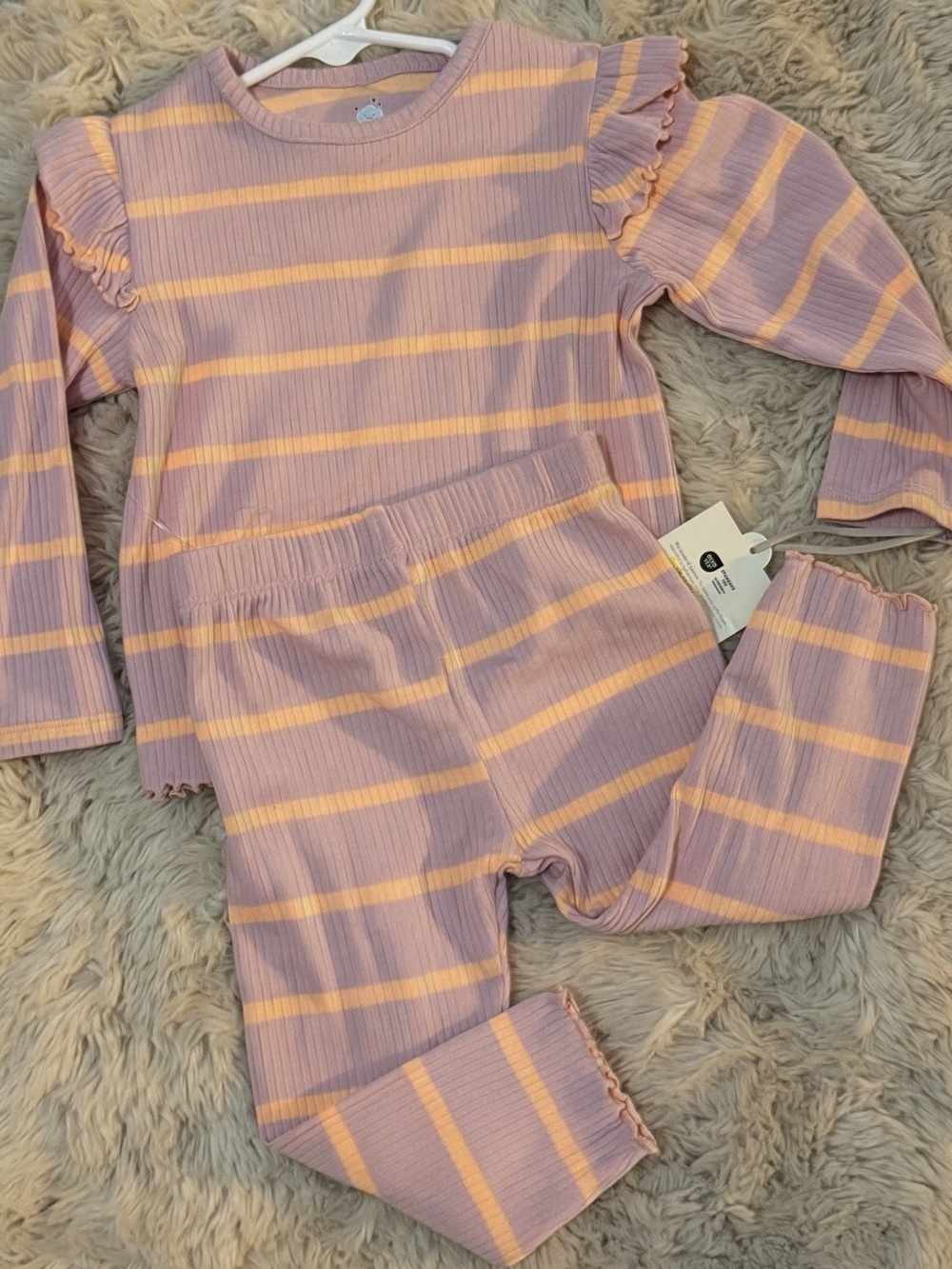 NWT Toddler Ruffle Ribbed Stripe 2 piece Set Purple Yellow Loungewear